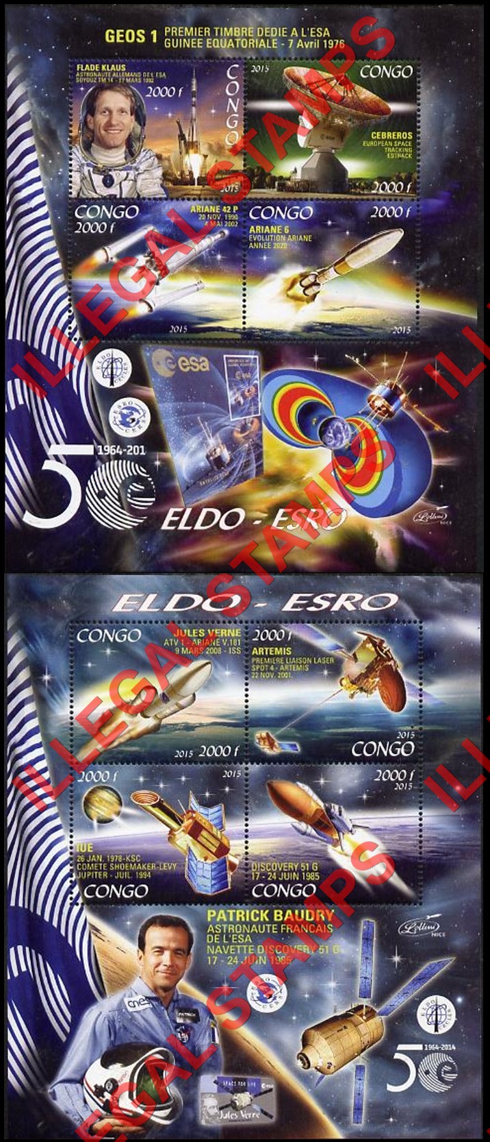Congo Republic 2015 Space ELDO-ESRO Illegal Stamp Souvenir Sheets of 4 (Part 1)