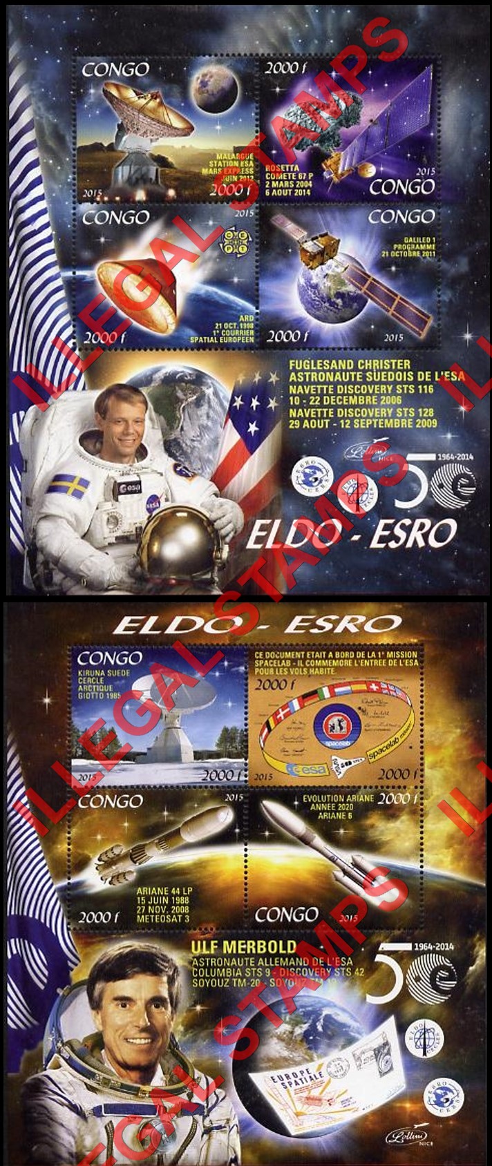 Congo Republic 2015 Space ELDO-ESRO Illegal Stamp Souvenir Sheets of 4 (Part 3)