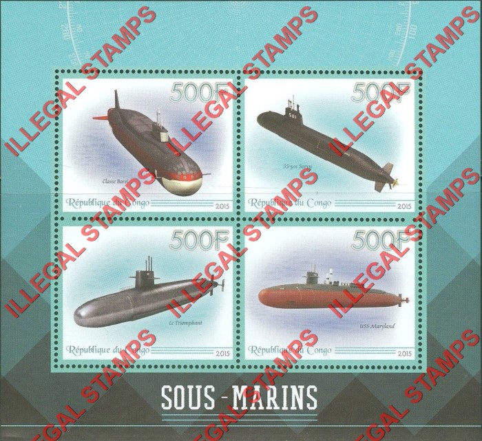 Congo Republic 2015 Submarines Illegal Stamp Souvenir Sheet of 4