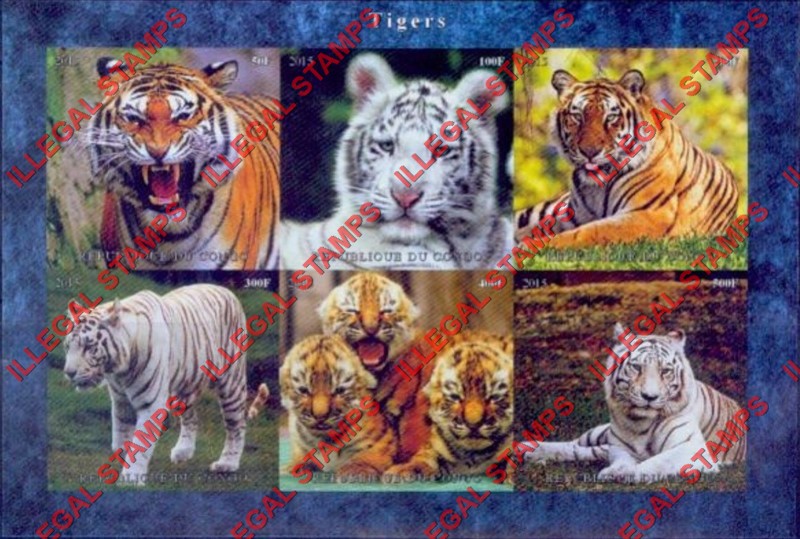 Congo Republic 2015 Tigers Illegal Stamp Souvenir Sheet of 6