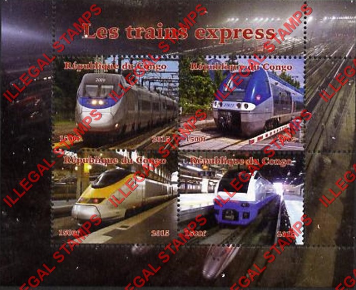 Congo Republic 2015 Express Trains Illegal Stamp Souvenir Sheet of 4