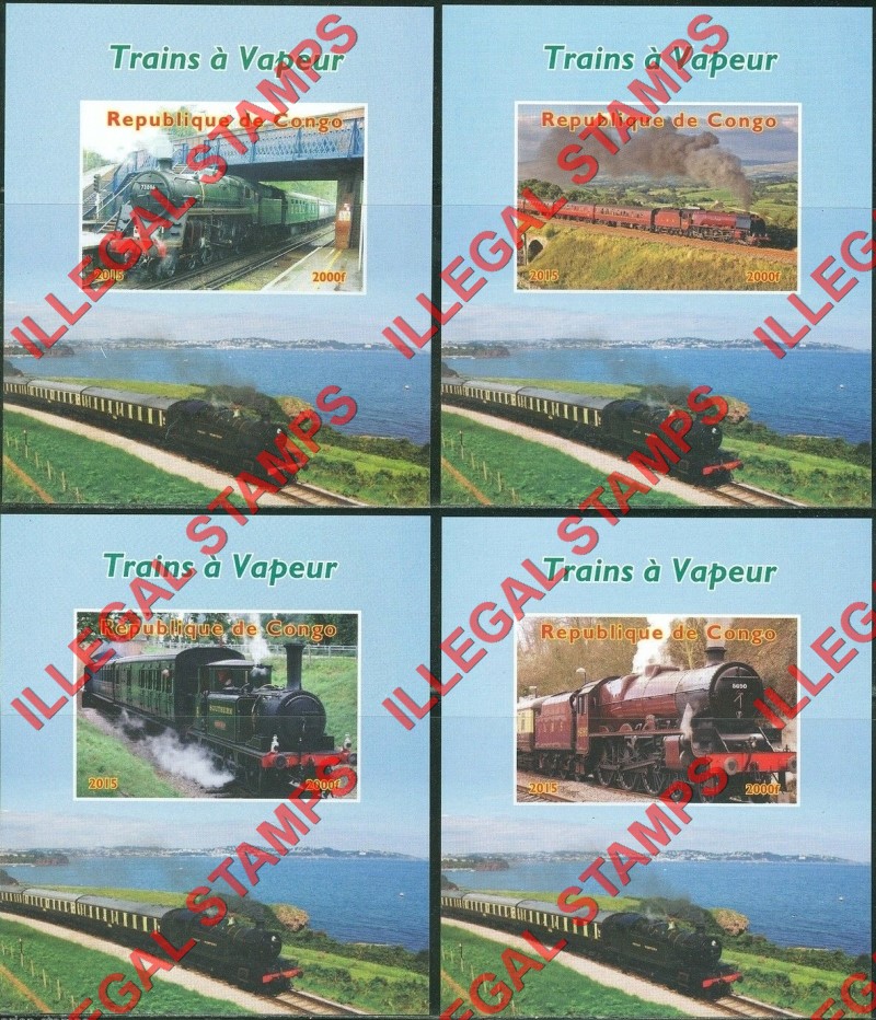 Congo Republic 2015 Steam Trains Illegal Stamp Souvenir Sheets of 1