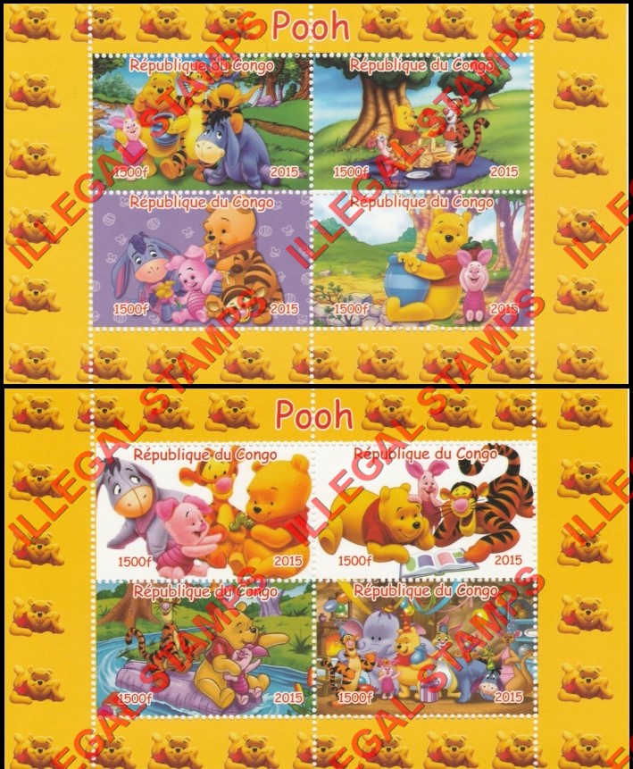 Congo Republic 2015 Whinnie the Pooh Illegal Stamp Souvenir Sheets of 4