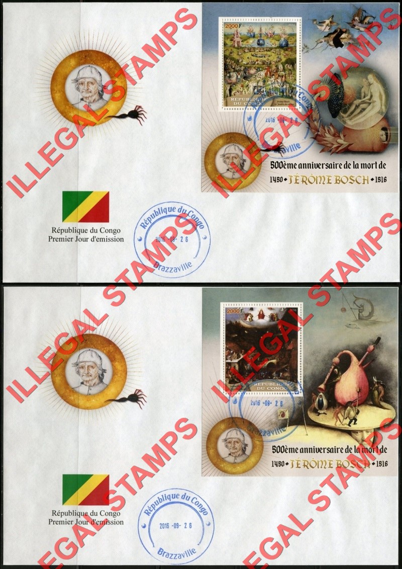 Congo Republic 2016 Paintings Bosch Illegal Stamp Souvenir Sheets of 1 on Fake First Day Covers