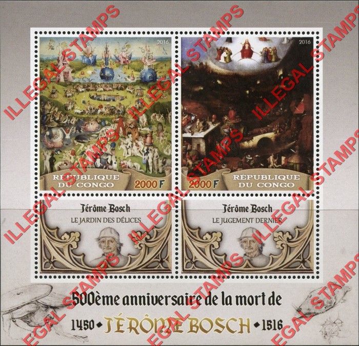 Congo Republic 2016 Paintings Bosch Illegal Stamp Souvenir Sheet of 2