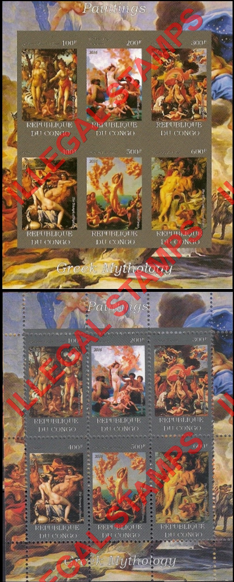 Congo Republic 2016 Paintings Greek Mythology Illegal Stamp Souvenir Sheets of 6 with Gold or Silver Borders