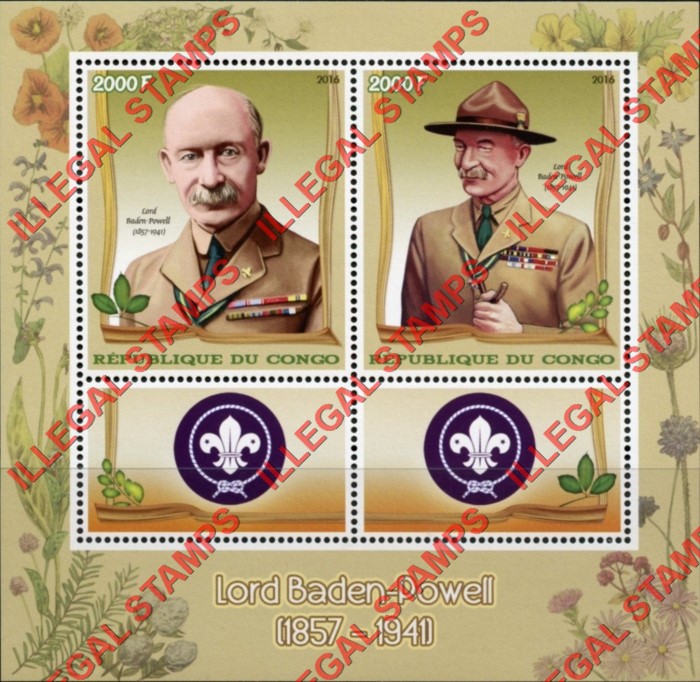 Congo Republic 2016 Scouts Baden Powell Illegal Stamp Souvenir Sheet of 2