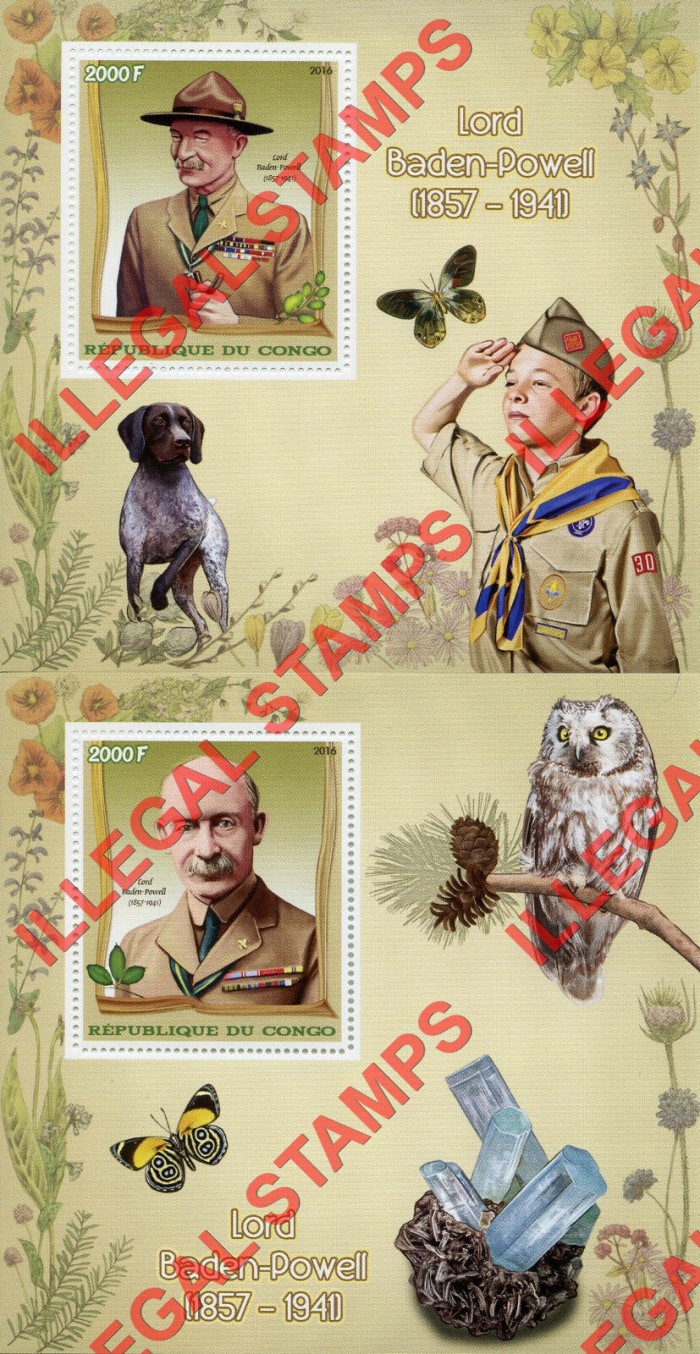 Congo Republic 2016 Scouts Baden Powell Illegal Stamp Souvenir Sheets of 1