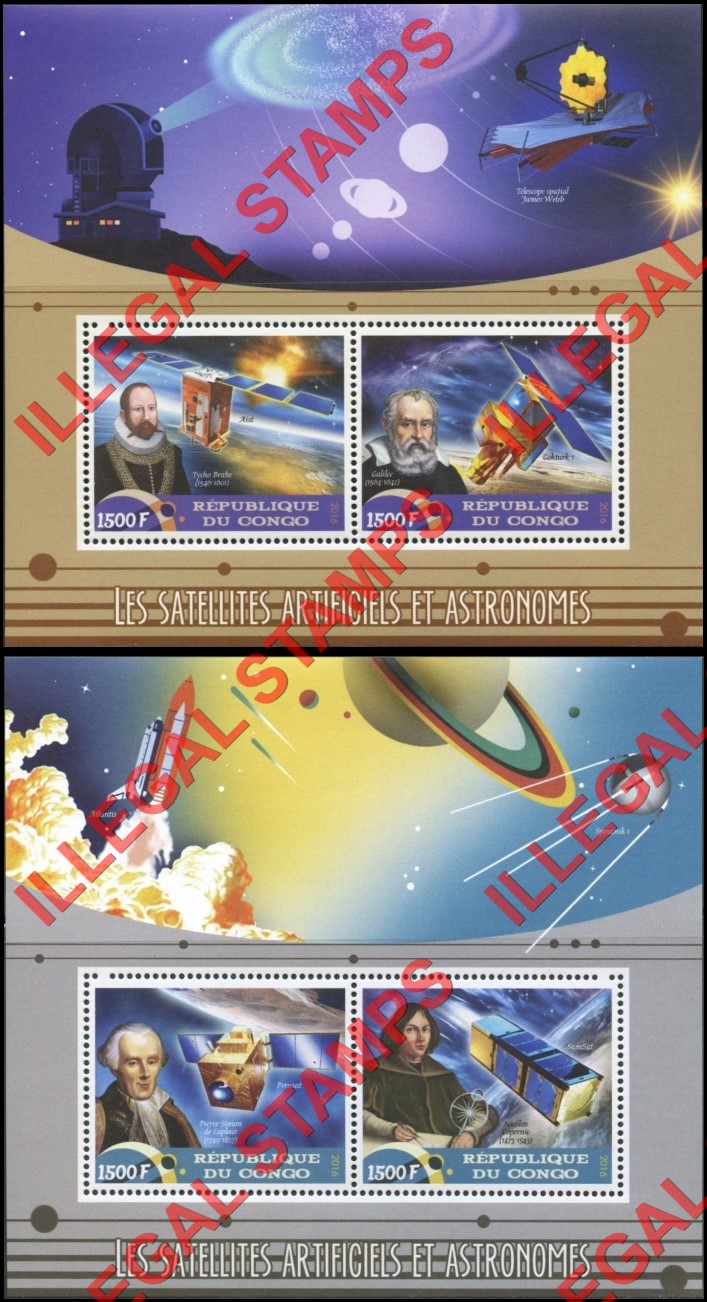 Congo Republic 2016 Space Satellites and Astronomers Illegal Stamp Souvenir Sheets of 2