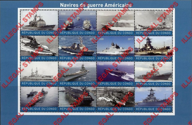 Congo Republic 2017 American Battle Ships Illegal Stamp Sheet of 16
