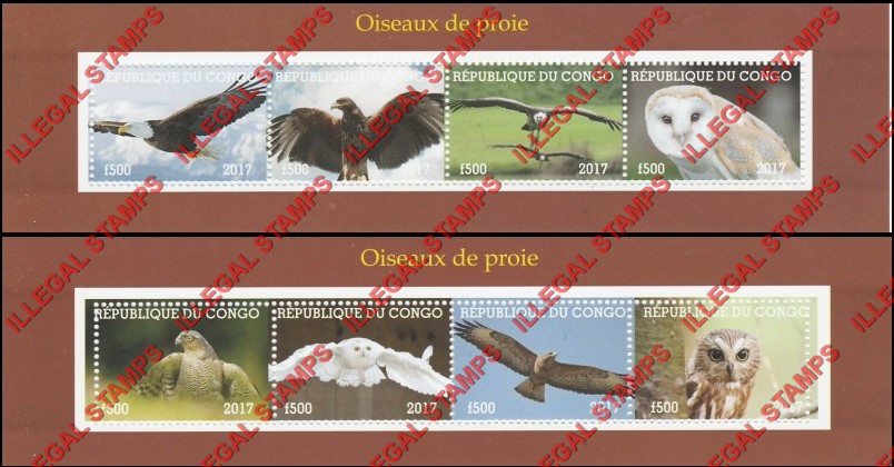 Congo Republic 2017 Birds of Prey Illegal Stamp Souvenir Sheets of 4