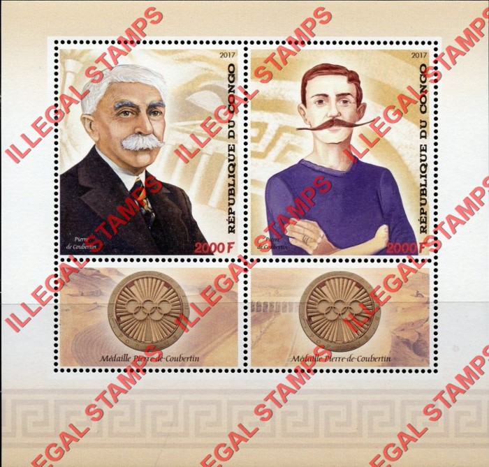 Congo Republic 2017 Pierre de Coubertin Illegal Stamp Souvenir Sheet of 2