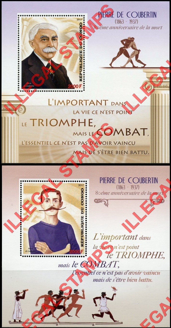 Congo Republic 2017 Pierre de Coubertin Illegal Stamp Souvenir Sheets of 1