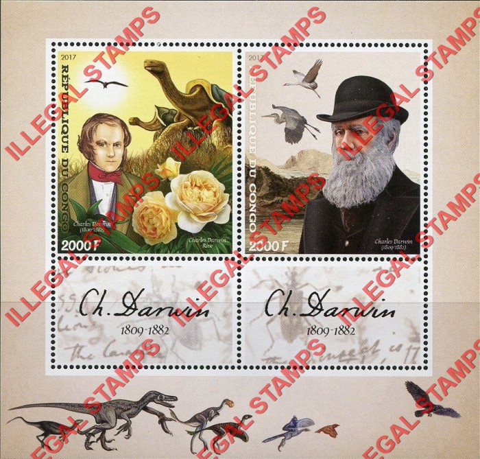Congo Republic 2017 Charles Darwin Illegal Stamp Souvenir Sheet of 2