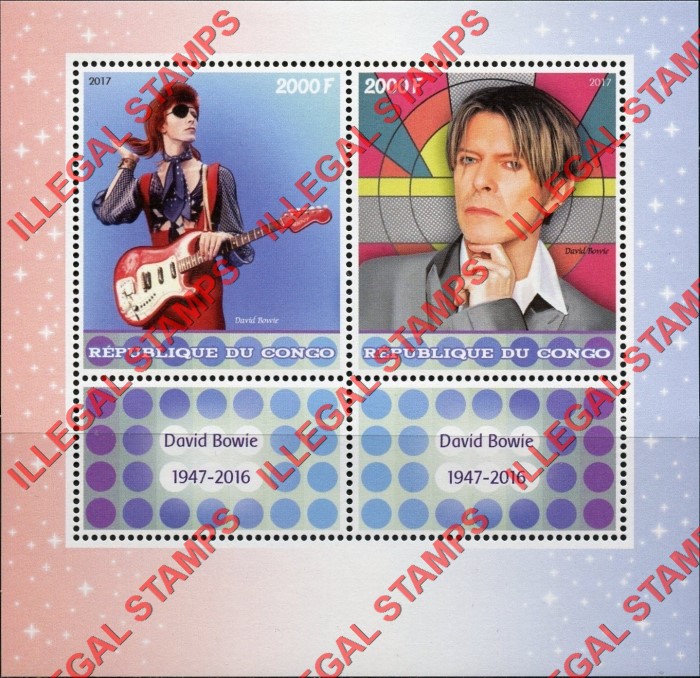 Congo Republic 2017 David Bowie Illegal Stamp Souvenir Sheet of 2