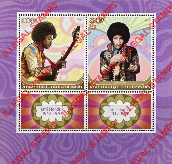 Congo Republic 2017 Jimi Hendrix Illegal Stamp Souvenir Sheet of 2
