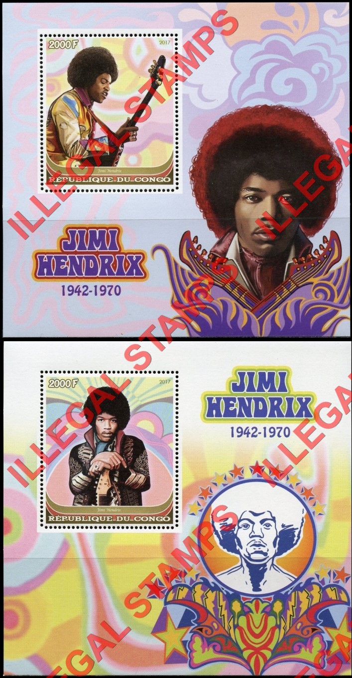 Congo Republic 2017 Jimi Hendrix Illegal Stamp Souvenir Sheets of 1