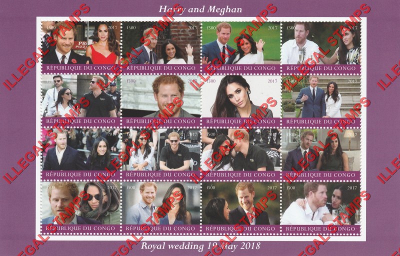 Congo Republic 2017 Prince Harry and Meghan Illegal Stamp Sheet of 16