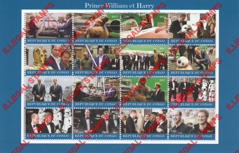 Congo Republic 2017 Prince William and Prince Harry Illegal Stamp Sheet of 16