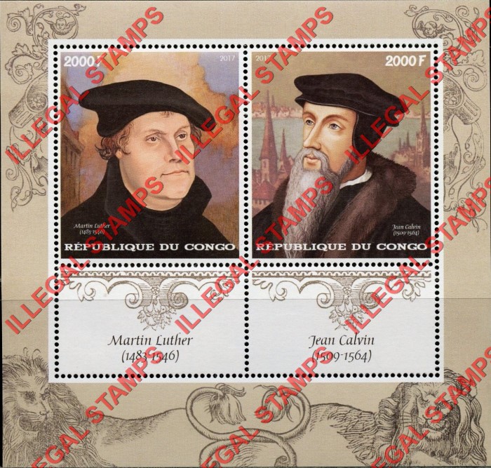 Congo Republic 2017 Protestant Reformation Illegal Stamp Souvenir Sheet of 2