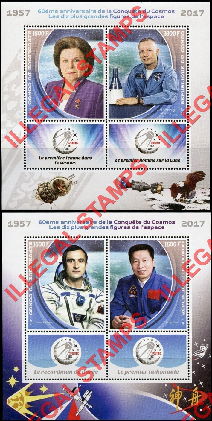 Congo Republic 2017 Space Anniversary Illegal Stamp Souvenir Sheets of 2 (Part 1)