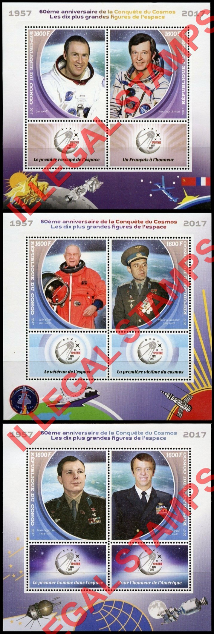 Congo Republic 2017 Space Anniversary Illegal Stamp Souvenir Sheets of 2 (Part 2)