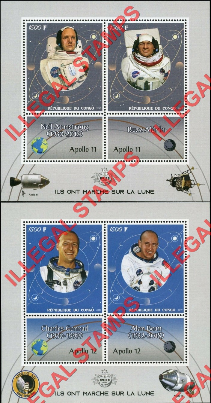 Congo Republic 2017 Space Apollo They Walked on the Moon Illegal Stamp Souvenir Sheets of 2 (Part 1)