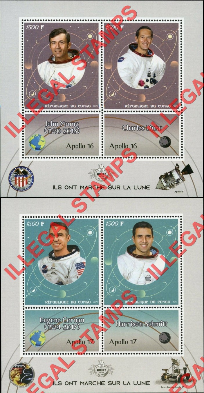 Congo Republic 2017 Space Apollo They Walked on the Moon Illegal Stamp Souvenir Sheets of 2 (Part 3)