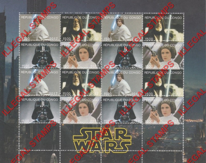 Congo Republic 2017 Star Wars Illegal Stamp Sheet of 16