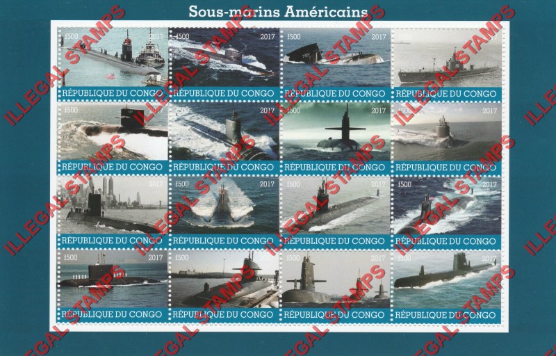 Congo Republic 2017 Submarines Illegal Stamp Sheet of 16