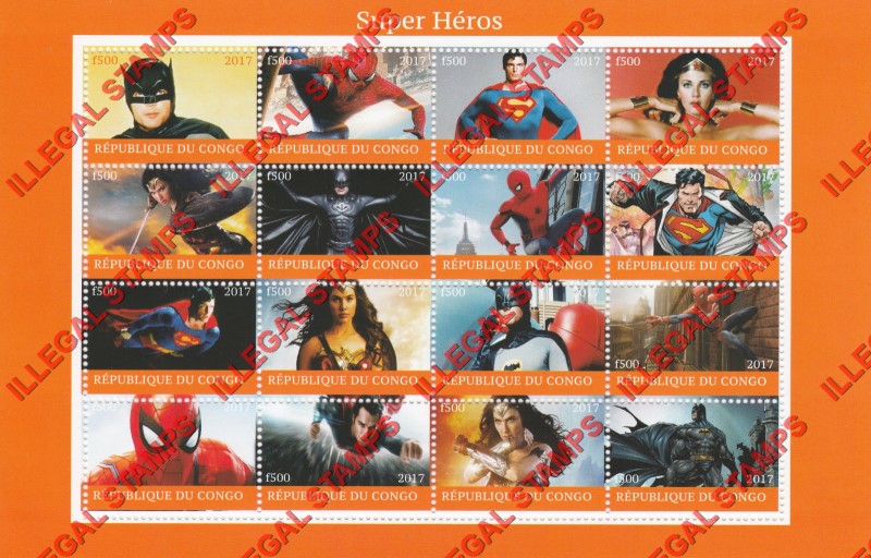 Congo Republic 2017 Super Heroes Illegal Stamp Sheet of 16