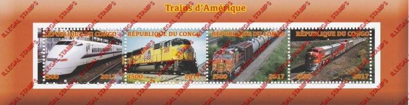 Congo Republic 2017 Trains in America Illegal Stamp Souvenir Sheet of 4