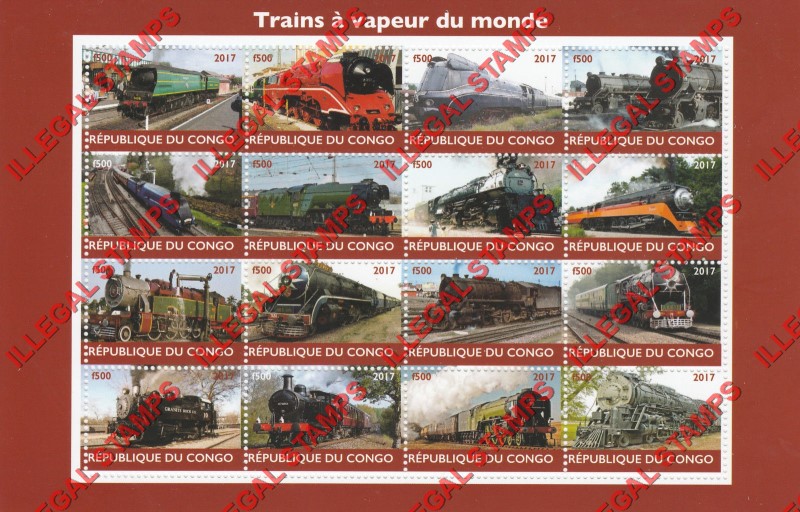 Congo Republic 2017 Steam Trains Illegal Stamp Sheet of 16