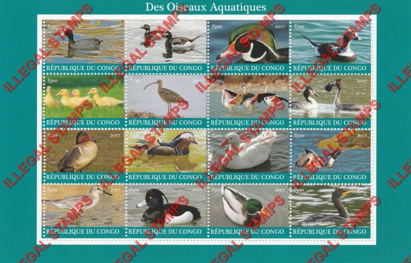 Congo Republic 2017 Water Birds Illegal Stamp Sheet of 16
