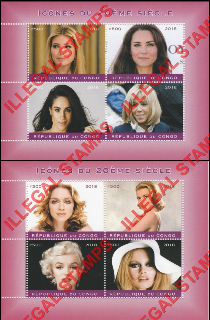 Congo Republic 2018 Female Icons of the 20th Century Illegal Stamp Souvenir Sheets of 4
