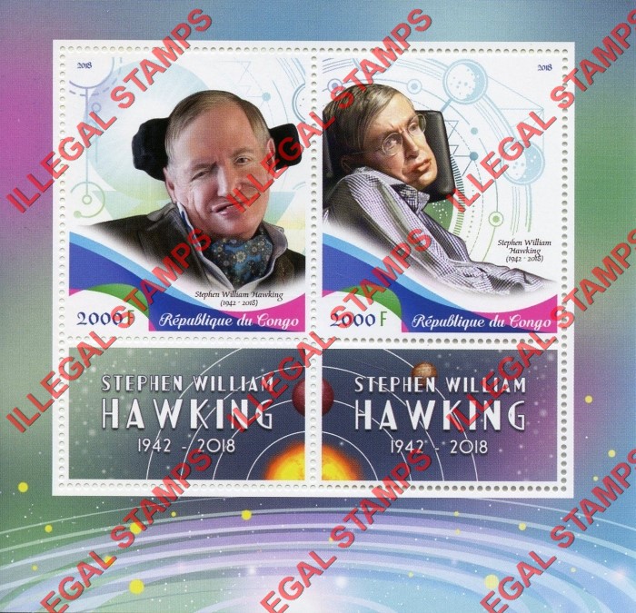 Congo Republic 2018 Stephen Hawking Illegal Stamp Souvenir Sheet of 2