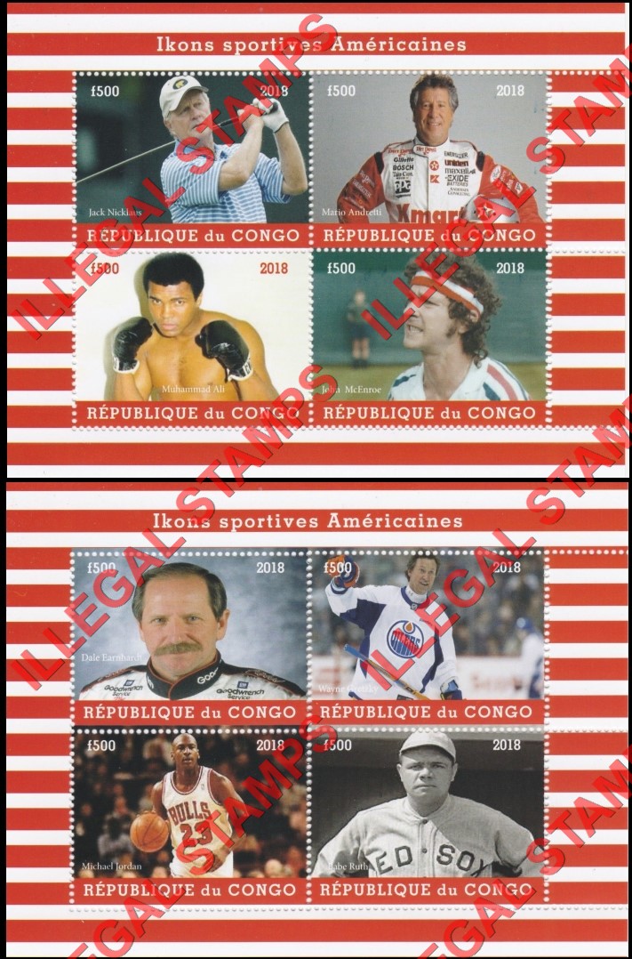 Congo Republic 2018 Icons in American Sports Illegal Stamp Souvenir Sheets of 4