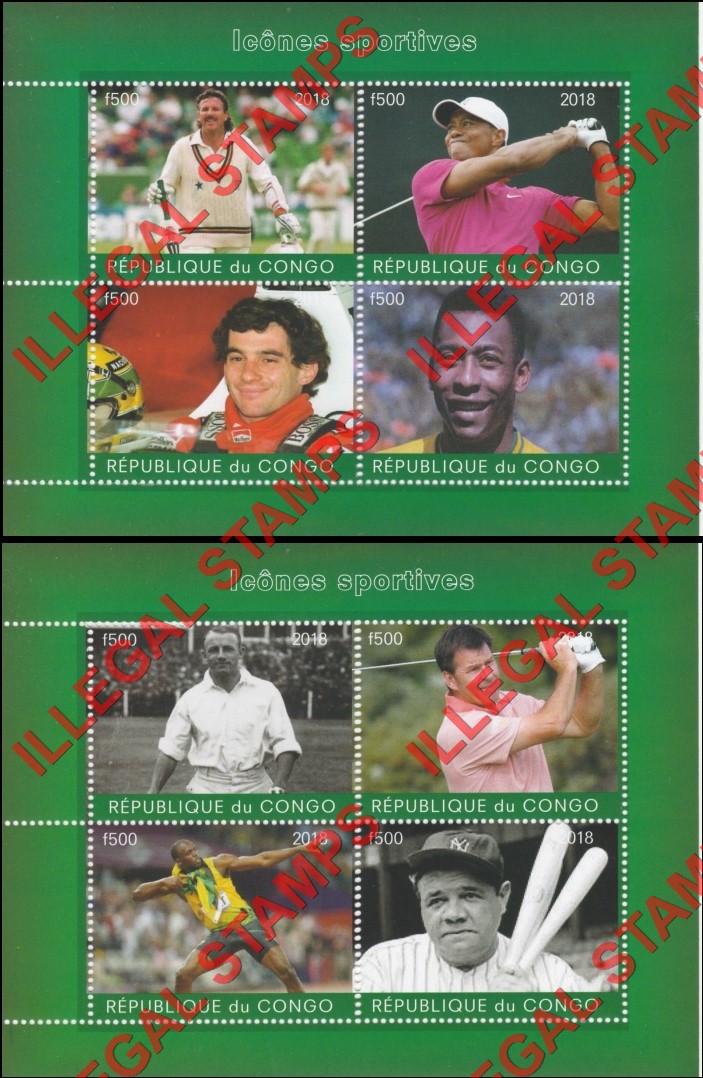 Congo Republic 2018 Icons in Sports Illegal Stamp Souvenir Sheets of 4
