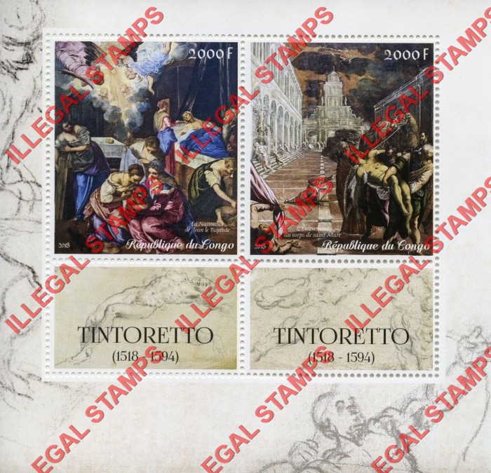 Congo Republic 2018 Paintings Tintoretto Illegal Stamp Souvenir Sheet of 2