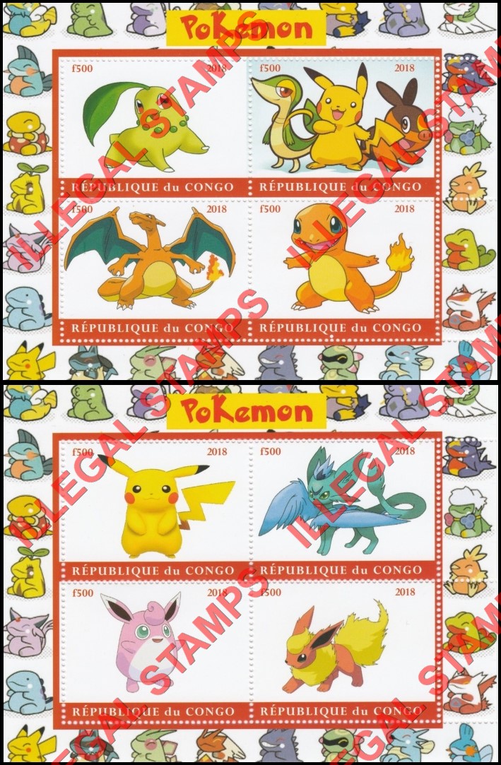 Congo Republic 2018 Pokemon Illegal Stamp Souvenir Sheets of 4