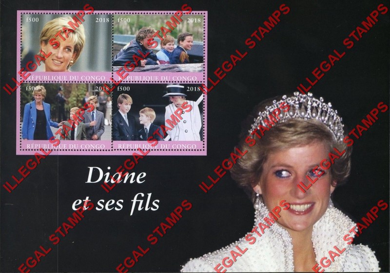 Congo Republic 2018 Princess Diana Illegal Stamp Souvenir Sheet of 4