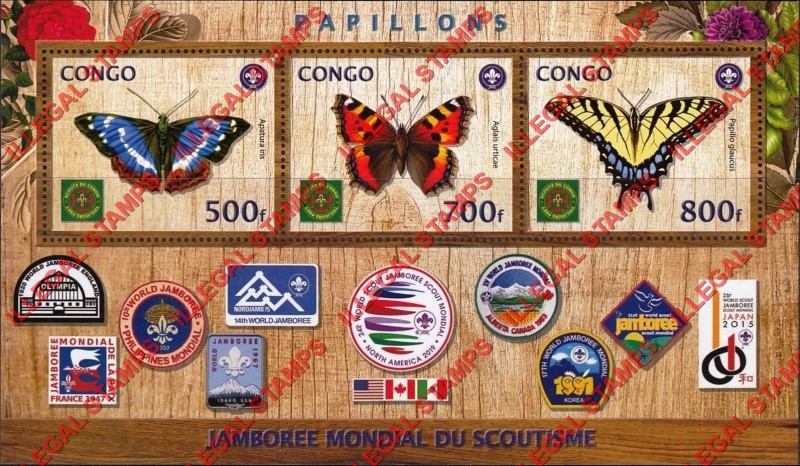 Congo Republic 2018 Scouts and Butterflies Illegal Stamp Souvenir Sheet of 3