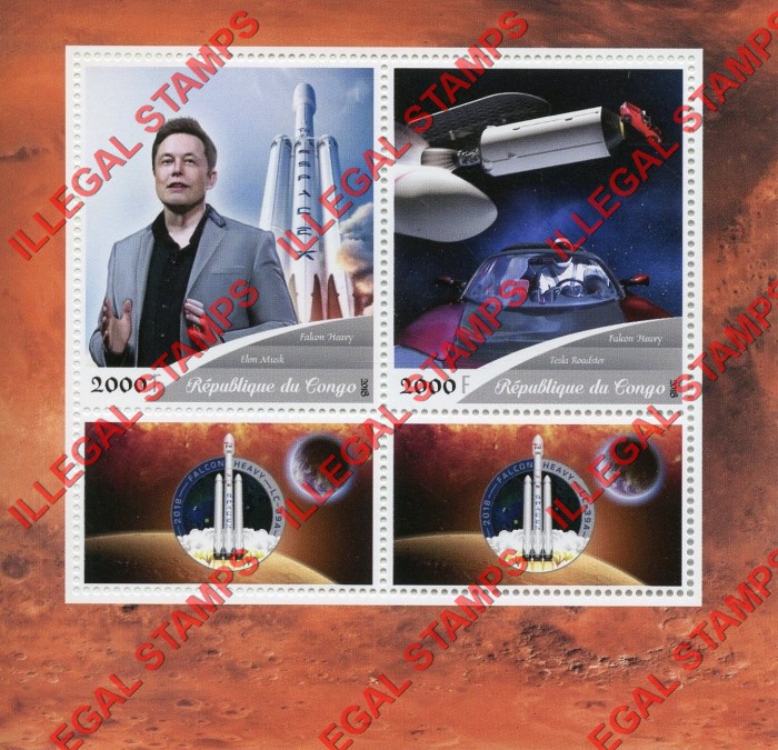 Congo Republic 2018 Space Falcon Heavy Illegal Stamp Souvenir Sheet of 2