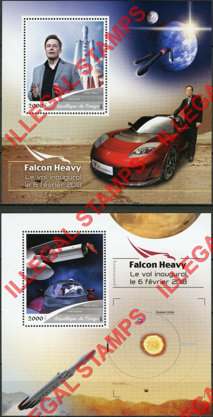 Congo Republic 2018 Space Falcon Heavy Illegal Stamp Souvenir Sheets of 1