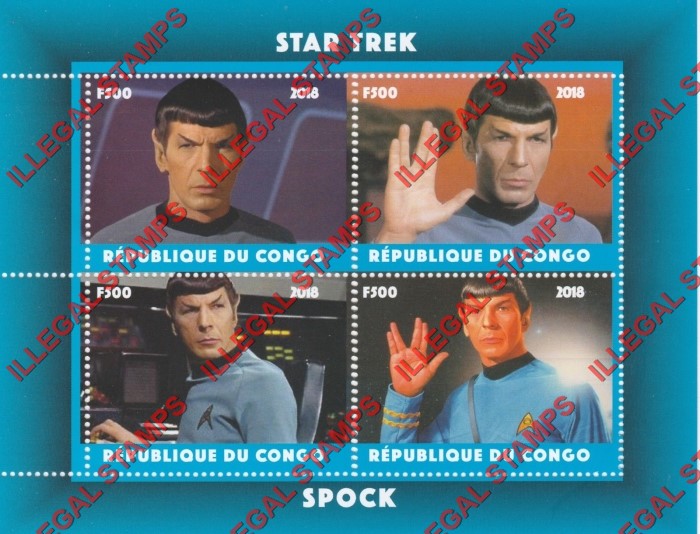 Congo Republic 2018 Star Trek Illegal Stamp Souvenir Sheet of 4