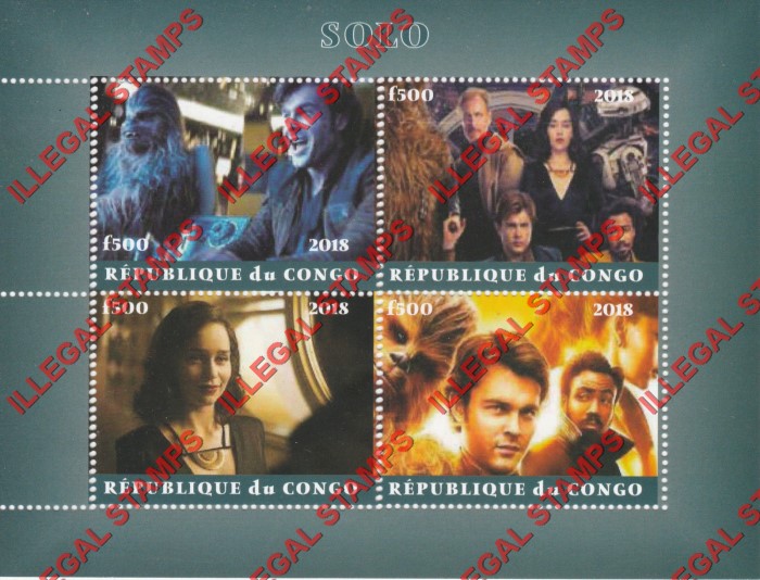 Congo Republic 2018 Star Wars Hans Solo Illegal Stamp Souvenir Sheet of 4