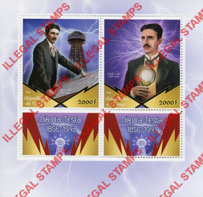 Congo Republic 2018 Nikola Tesla Illegal Stamp Souvenir Sheet of 2
