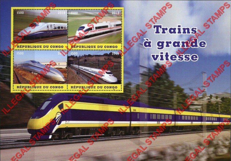 Congo Republic 2018 High Speed Trains Illegal Stamp Souvenir Sheet of 4