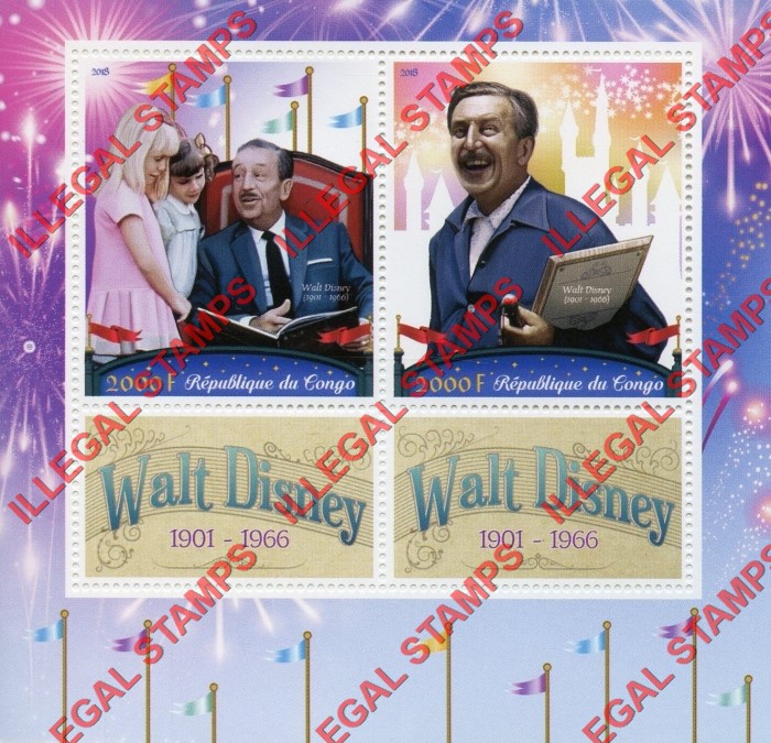 Congo Republic 2018 Walt Disney Illegal Stamp Souvenir Sheet of 2