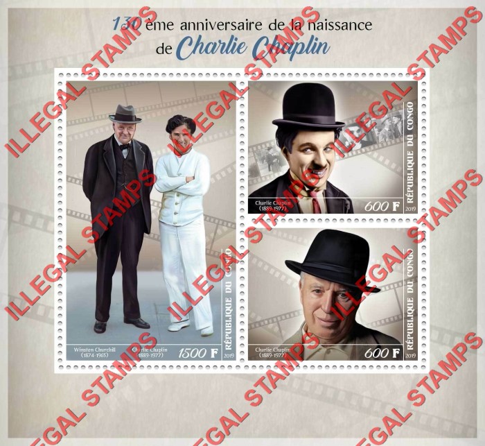 Congo Republic 2019 Charlie Chaplin Illegal Stamp Souvenir Sheet of 3